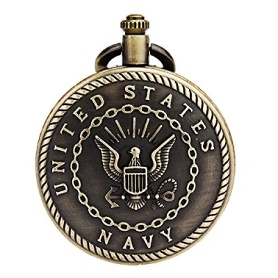Image of JewelryWe Bronze Retro United States Navy Engraved Men&#039;s Quartz Pocket Watch 31.5 Inch Chain