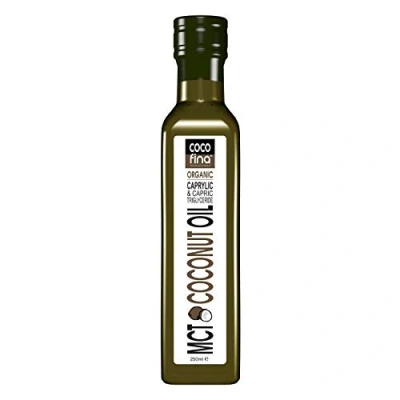 Image of Cocofina Organic MCT Oil C8 C10 Liquid Coconut for Keto Diets &amp; Bulletproof coffee high octane Gluten Free Palm GMO in Opaque Glass Bottle Kind on Tummy 250ml
