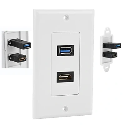 Image of USB Wall Plate, HDMI Socket 3.0 2 in 1Integrated Multimedia Face Plate Panel White