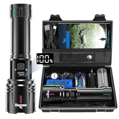 Image of Shadowhawk Torch LED Rechargeable 20000 Lumens, Extremely Bright XHM90.2 Torches USB, Strong Tactical Battery Operated, Waterproof Flashlight for Outdoor Emergencies