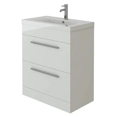 Image of VeeBath Venus 700 Vanity Unit, Mid Edge Wash Basin Bathroom Sink, Soft Close Drawer, Cloakroom Wall Mounted Storage Cabinet White (Flat Pack)