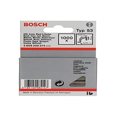 Image of Bosch Professional 1000x Fine Wire Staple Type 53 Stainless (Textiles, Carton, 11.4 x 0.74 6 mm, Accessories Tacker, Gun)