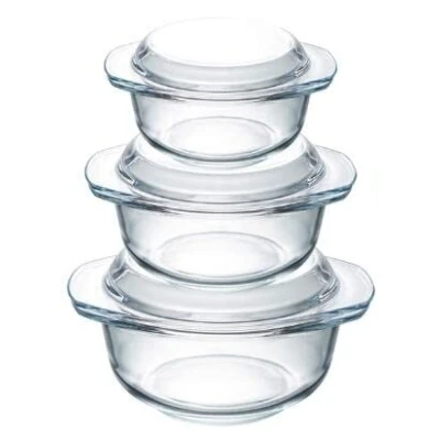 Image of Set of 3 Glass Casserole Dishes with Lid, 1+1.4+1.7L Round Lidded Dish &amp; Handles Oven Proof, Microwaveable