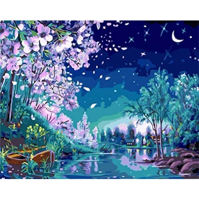 Image of Awesocrafts Paint by Number Kits, Romantic Moon Cherry Blossom Trees Stream Painting for Adults, 16x20 Inch, (Starry Night, No Frame)