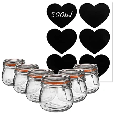 Image of Argon Tableware Glass Storage Jars with Labels Vintage Food Preserving Container Clip Lid 500ml Orange, White, Clear &amp; Black Seals Pack of 6