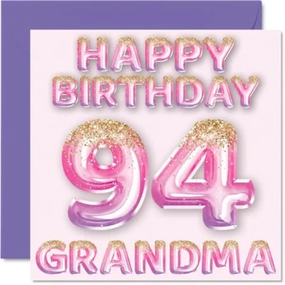 Image of 94th Birthday Card for Grandma Pink &amp; Purple Glitter Balloons Happy Cards 94 Year Old from Grandson Granddaughter, 145mm x Bday Greeting Gift