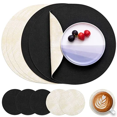 Image of Myir JUN Leather Placemats and Coaster Set of 6, Table Mats Round Waterproof Dual Sided Kitchen Place Coffee Heat Resistant Placemat Non Slip Washable (set Black Linen)