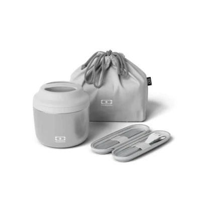 Image of MONBENTO Metallic Silver Lunch Box Set with Insulated Bento MB Element Up to 10h, Cutlery Slim Nest, Bag Pochette M Coton BPA Free Food Grade Safe Grey
