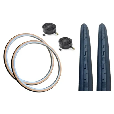 Image of PAIR Baldy&#039;s 27 x 1 1/4 AMBER WALL Vintage Traditional Racing Bike Slick Road Tyres &amp; Schrader Valve Tubes