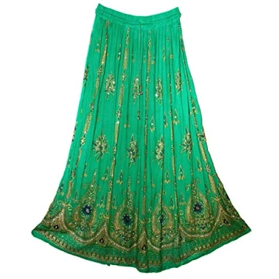 Image of Fashion of India Women&#039;s Long Bohemian Maxi Skirt Gypsy Hippie Boho Chic Style Dress, Green, Regular