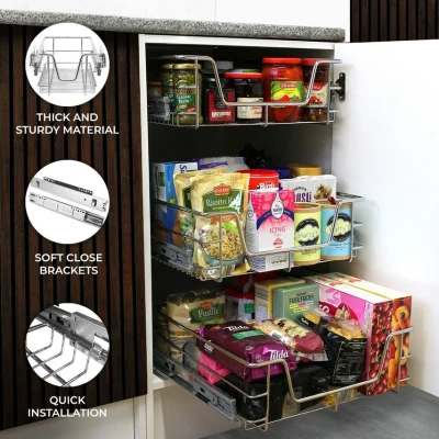 Image of KuKoo 6 x Kitchen Pull Out Soft Close Heavy Duty Baskets, 500mm Wide Cabinet, Slide Wire Storage Drawers, Organiser Metal