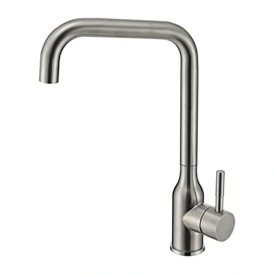 Image of Peppermint Brushed Nickel Kitchen Sink Mixer Tap with 360 Swivel L Shape Spout, Monobloc Single Lever Taps Mixer, Steel Faucet