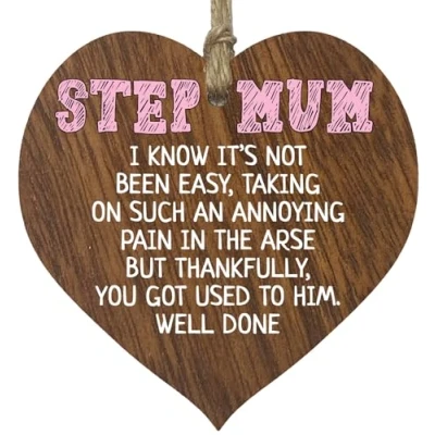 Image of Step Mum Gifts from Daughter Son Well Done Best Gifts, Presents for Mum, Hanging Wooden Heart Sign Plaque, Birthday Gift, Mothers Day Dark Wood Hearts