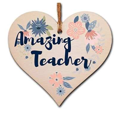 Image of The Plum Penguin Handmade Wooden Hanging Heart Plaque Gift Amazing Teacher Thank You Special Someone Floral Style Present from child