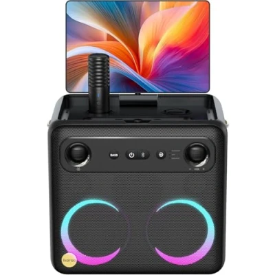 Image of Ikarao Karaoke Machine for Adults, 10.1&quot; Tablet, 2 Self Charging Wireless Mics, App &amp; Lyrics Display, 600W, Bass Boost, EQ, Carry Strap, Lights, System Home/Outdoor, Best Gift