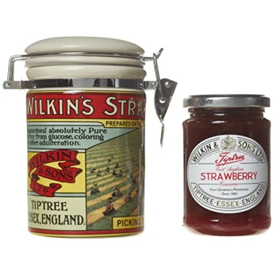 Image of Wilkin &amp; Sons Tiptree Retro Canister with Strawberry Jam, 340g Classic British Preserve in Vintage Collectible Tin