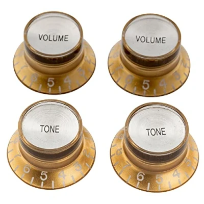 Image of Musiclily Pro Left Handed Metric Size Guitar Top Hat Bell 2 Volume Tone Reflector Knobs Set Compatible with Epiphone Les Paul SG Style, Gold Silver
