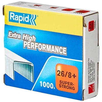 Image of Rapid 26/8+mm Super Strong Staples, For Stapling up to 50 Sheets, Use with Desktop Staplers and Pliers, Galvanised Wire, Box of 1000, 24861600