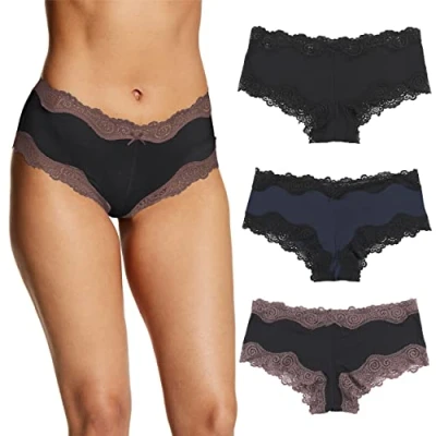 Image of Maidenform Women&#039;s Underwear, Low Rise Cheeky, Scalloped Lace Hipster Panty, 3 Pack, Black/Navy Black/Black Rum Raisin, L (Pack of 3)