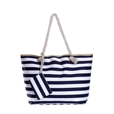 Image of DonDon Large Beach Bag for Women with Zip Waterproof Pool Holiday Maritime Stripes Dark Blue White