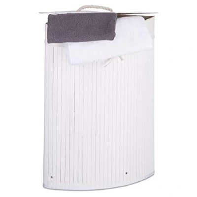 Image of Relaxdays Bamboo Corner Laundry Basket, 35 x 65 cm, 64L, Folding Hamper with Sack, White