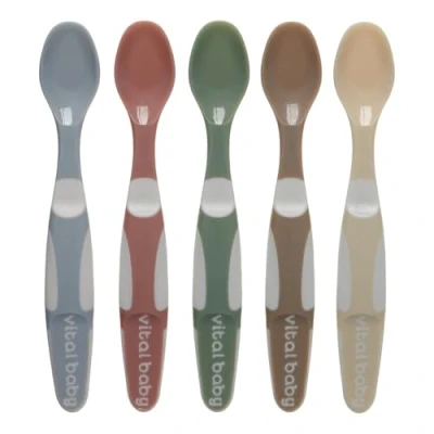 Image of Vital Baby Nourish &amp; Toddler Weaning Spoons 5pk 4m+, Soft, Shallow Spoon Bowls, Easy Grip Handles, EarthSmart Biodegradable, BPA Free Gentle on Gums