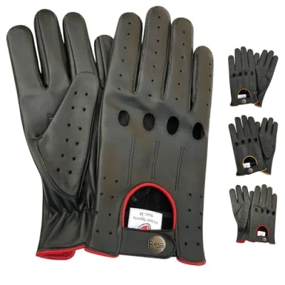 Image of Men&#039;s Genuine Leather Driving Classic String Black Gloves WITH 4 holes 507 Yellow &amp; Brown Piping (BLACK RED PIPING, S)