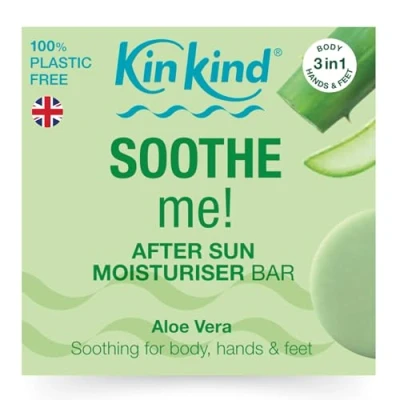 Image of KinKind soothe me! Aloe Vera After sun lotion bar with Vera, Shea Butter &amp; Cocoa to and nourish kissed skin. No leaking plastic bottles! Vegan Cruelty Free.