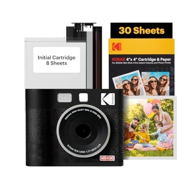 Image of KODAK Mini Shot 4 ERA 4PASS 2 in 1 Instant Camera and Photo Printer Bundle (4x4 inches), Initial 10 Sheets + 60 Pack, Black