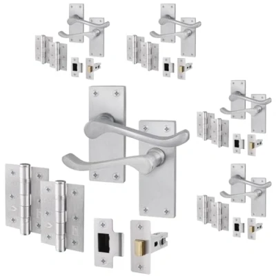 Image of EAI Satin Victorian Scroll Door Handle Latch Set 5 Pairs of Chrome Internal Lever Handles on Backplate with Hinges (76mm) &amp; (64mm)