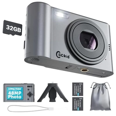 Image of All in One Digital Camera with 48MP 1080p Photography and Full HD Video for Vlogging 16x Zoom, 2.4&quot; IPS Screen 32GB Micro SD Card, Tripod Extra Battery Included ClicKid CAM20