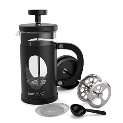 Image of bonVIVO Cafetiere GAZETARO I 350ml, 3 Cup, Stainless Steel French Press Coffee Maker w/Bonus Scoop and Replacement Filter Mesh Heat Resistant Gifts for Women Men Black