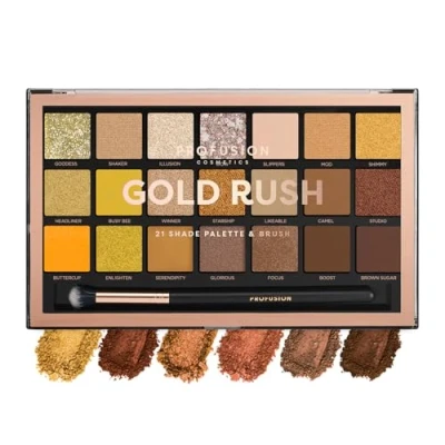 Image of Profusion Cosmetics Gold Rush 21 Shade Eyeshadow Palette + Free Pro Series Brush (decadent golds and bronzes to cool deep brown hues)