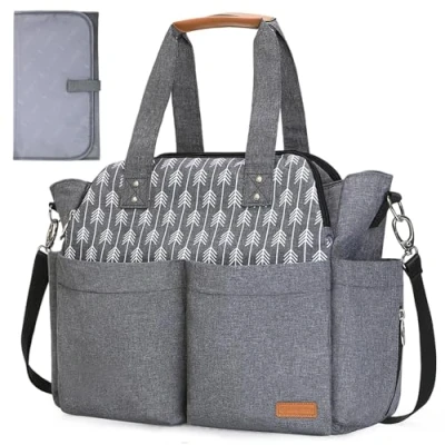 Image of Lekebaby Baby Nappy Changing Bag Satchel Messenger Large Capacity, Arrow Print, Grey
