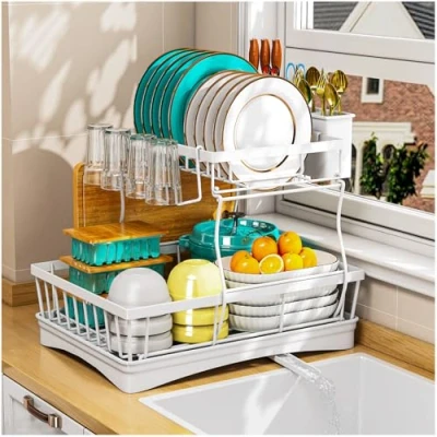 Image of StowBin 2 Tier Dish Drainer Rack for Kitchen Counter Space Saving with Utensil Holder, Large Capacity Drying Draining Board, White