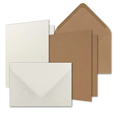 Image of 30x card set DIN B6 natural white kraft paper brown 12 x 17 cm folding cards with envelopes 2 colours wet glue