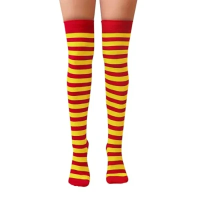 Image of NuJake Striped Over The Knee Socks Fancy Dress Cosplay Teens UK Size 4 5.5 (Cotton Blend, Red &amp; Yellow)