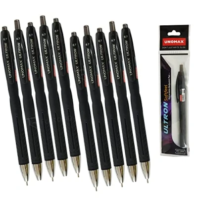 Image of Black Ballpoint Pens, Retractable, 0.7mm Fine Point, Pack of 10, UNOMAX SoftRT Smooth Ball Soft Grip, Everyday Use, PATEL Pen