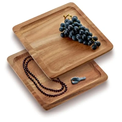 Image of com four® 2x tray set made of acacia wood square decorative boards serving trays for table decoration wooden shelves plates snacks, cheese, sausage (2 pieces square)