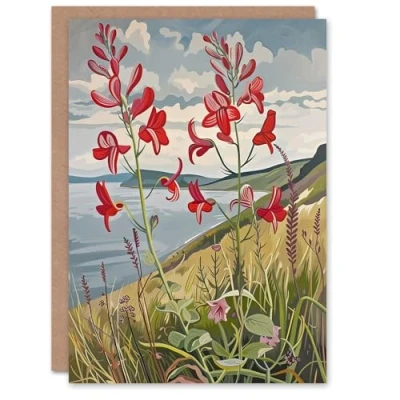 Image of Artery8 Greeting Card Red Wildflowers on Hunt Cliff Saltburn Yorkshire Blank For Him Or Her Art Birthday