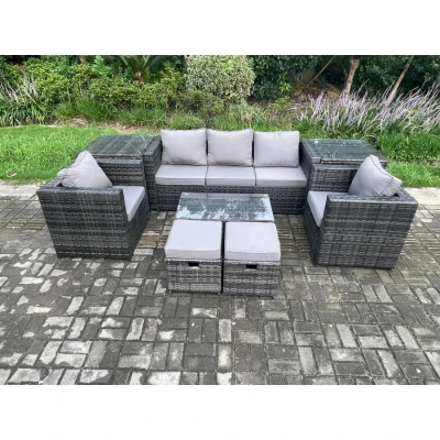 Image of Outdoor Rattan Garden Furniture Set with 3 Seater Sofa Coffee Table 2 Side Tables Armchairs Small Footstool Patio Lounge Dark Grey Mixed