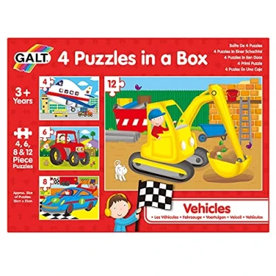 Image of Galt 4 Puzzles in a Box Fun Colourful Vehicle Jigsaw for 3 Year Olds 1 Childrens Puzzle Collection Matching and Sorting Skills 4, 6, 8 12 Piece Kids Set Ages Plus