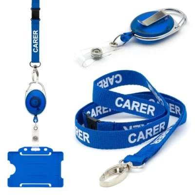 Image of CKB LTD Blue Carer Retractable Lanyard and Badge Holder Triple Pack Trio Set Includes A Single Lanyard, Extendable Carabiner Yoyo Reel Clip Rigid ID Card