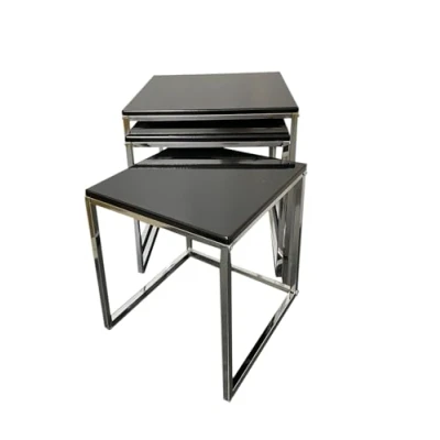 Image of ASPECT Murano Set of 3 Nesting Table Gloss Wooden Tops, Black, L: 40x40x42 H M:35x35x38 S:30x30x34
