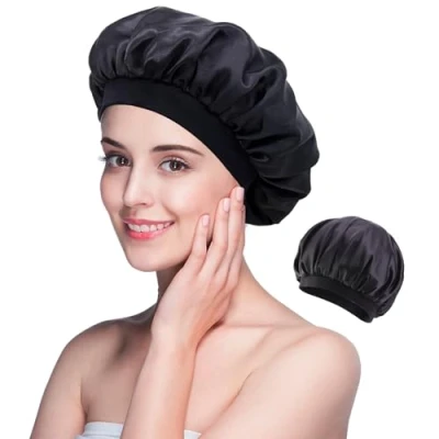 Image of iJiGui Hair Bonnet for Sleeping, Night Sleep Caps with Wide Elastic Band, Care Hat Curly Hair, Silk Women Girls Makeup Protection(Black)