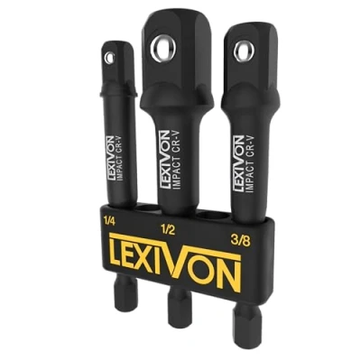 Image of LEXIVON Impact Grade Socket Adapter Set, 3&quot; Extension Bit with Holder 3 Piece 1/4&quot;, 3/8&quot;, and 1/2&quot; Drive, Adapt Your Power Drill to High Torque Wrench (LX 101)