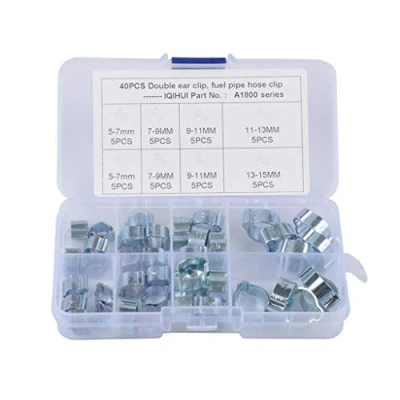 Image of perfk 40pcs Double Ears Hose Clamp, 2 Ear Wide Adjustable 5 15mm Zinc Fuel Clamp Clips, Assortment Sizes