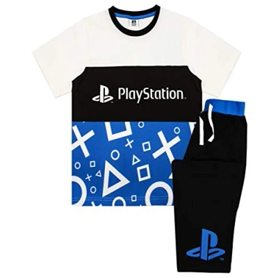 Image of PlayStation Pyjamas For Boys Children &amp; Teens Logo T Shirt Loungepants PJ Set Kids Cotton Blue, White Black Sleepwear Gamer Gift