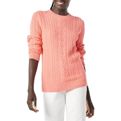 Image of Amazon Essentials Women&#039;s Fisherman Cable Long Sleeved Crewneck Sweater (Available in Plus Size), Coral Pink, L