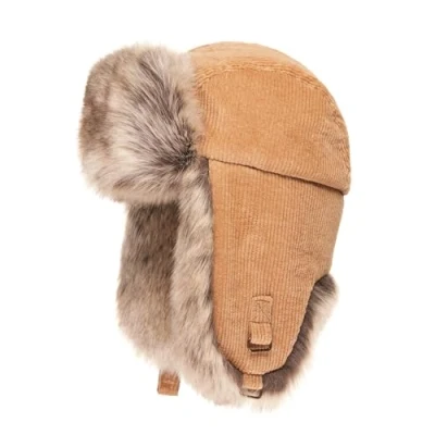 Image of Futrzane Corduroy Trapper Hat Mens Winter Hats with Ear Flaps Russian (One Size, Beige Siberian)
